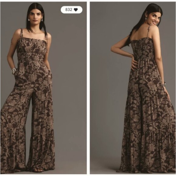 Anthropologie Hutch Smocked Floral Jumpsuit Wide Leg Brown Taupe Large LG L - Picture 1 of 6